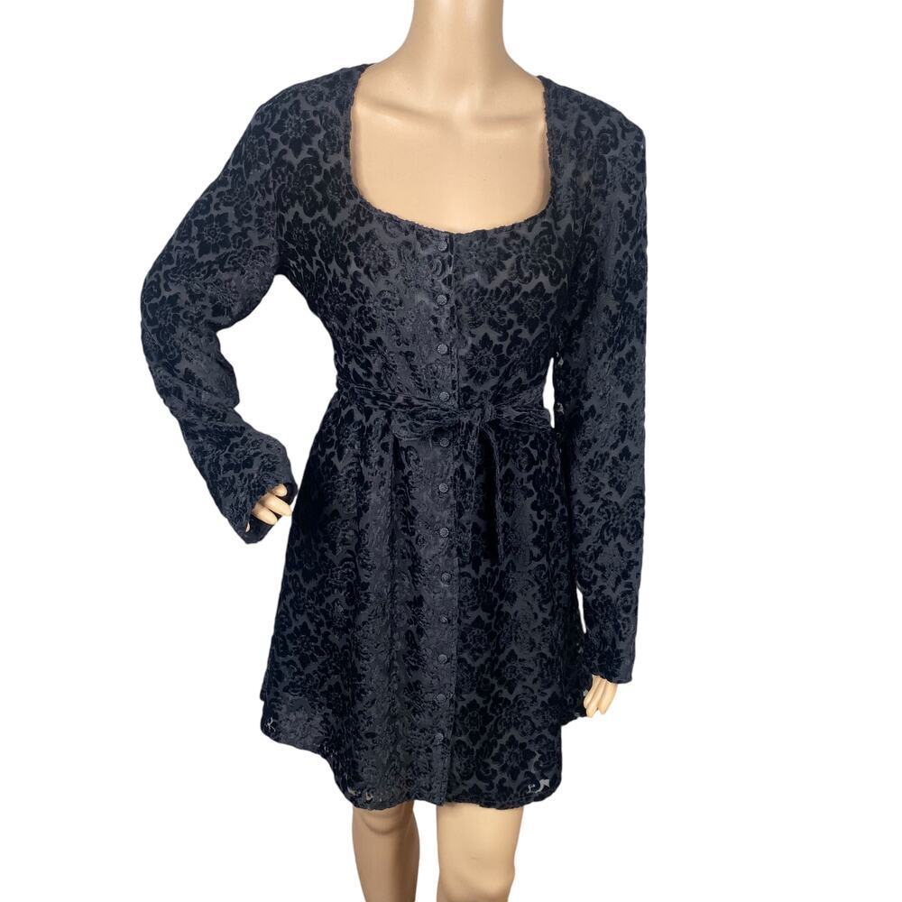 Vtg 90s GAP Black Floral Velvet Burnout Belted Shirt Dress Women's M/L